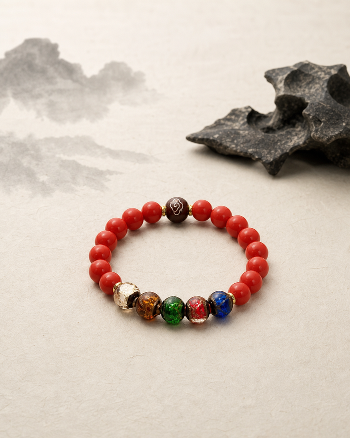 Five-way God of Wealth Cinnabar Bracelet with Colored Glass