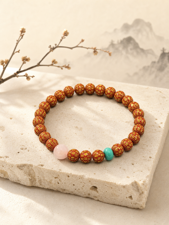 Purple Cinnabar Bracelet with Gilded Scripture, Rose Quartz