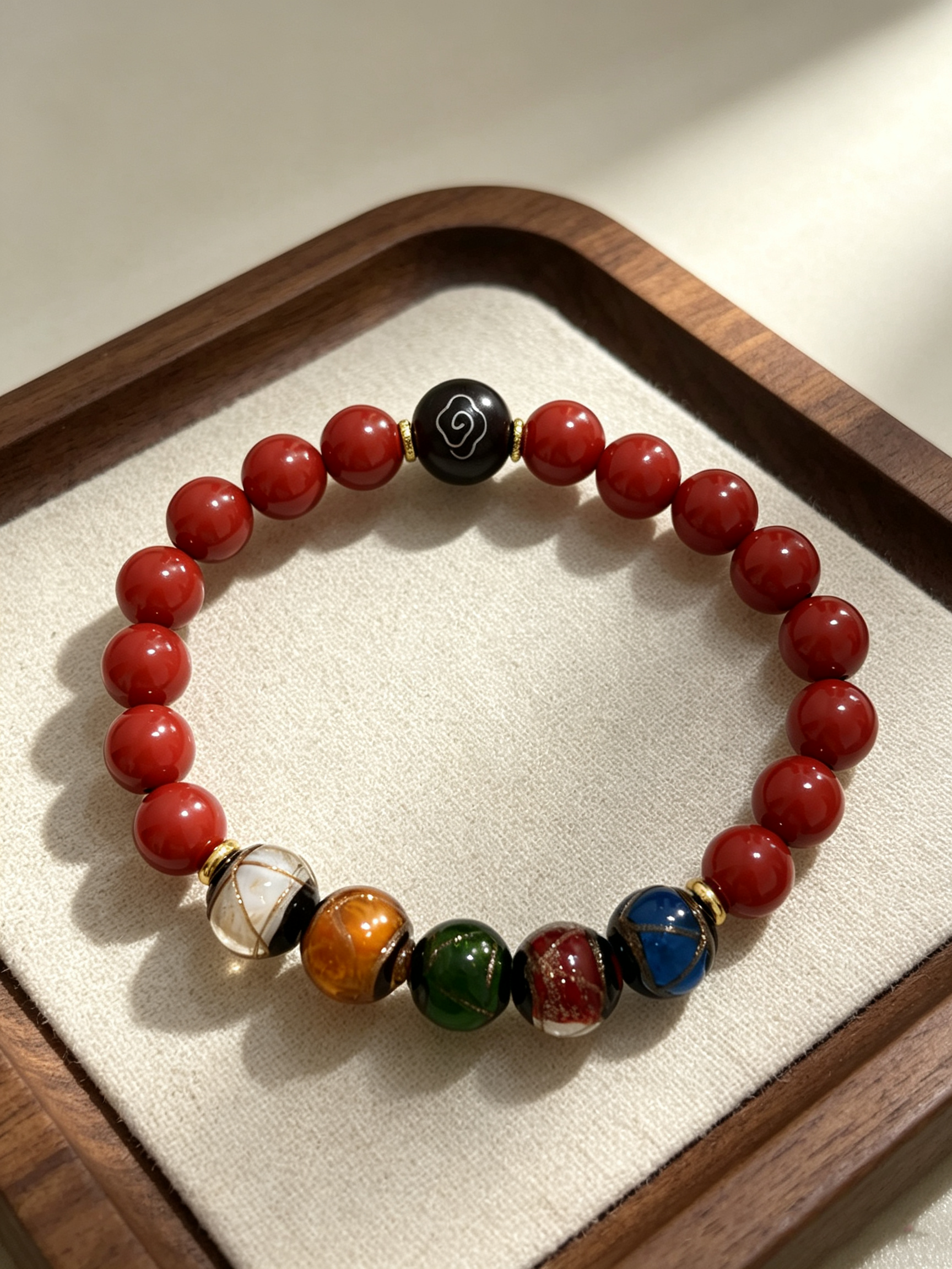 Good Fortune Five Elements Beads | Ebony with Silver-Inlaid Auspicious Clouds and Purple-Gold Sand Five Elements Glass Blessing Bracelet