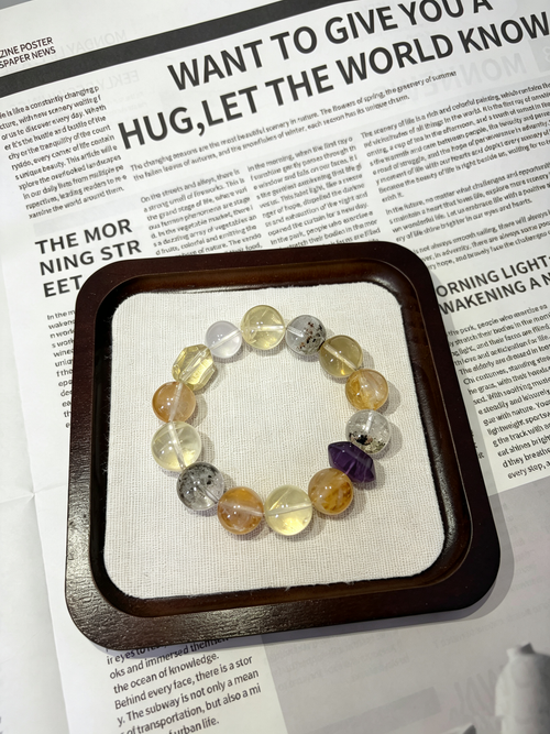 Golden Mist Five-Path Wealth Crystal | Natural Citrine, Rutilated Quartz, and Amethyst Multi-Gem Bracelet for Good Luck and Prosperity