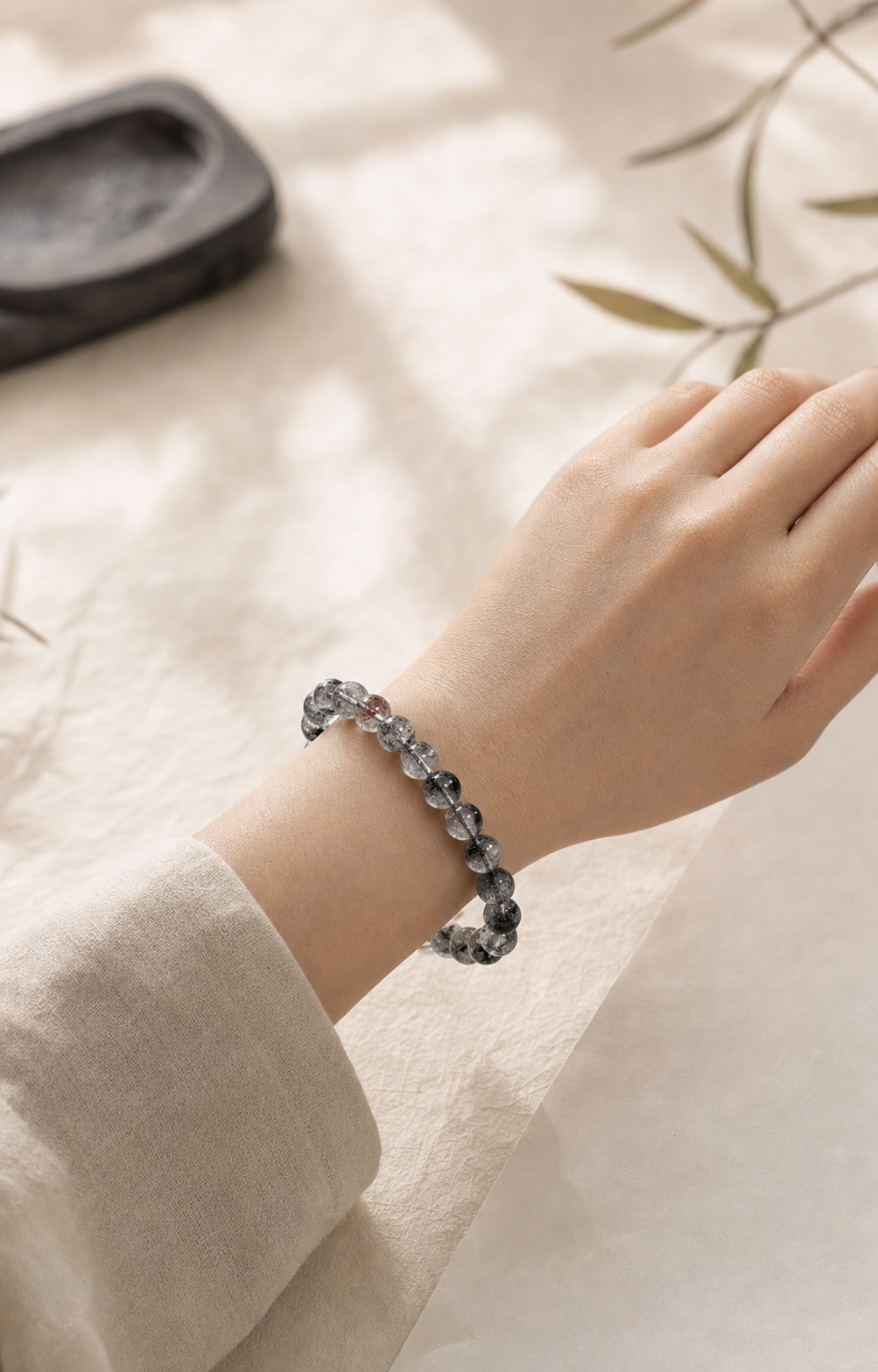 Black Tourmalinated Quartz Crystal Bracelet — detail view 5