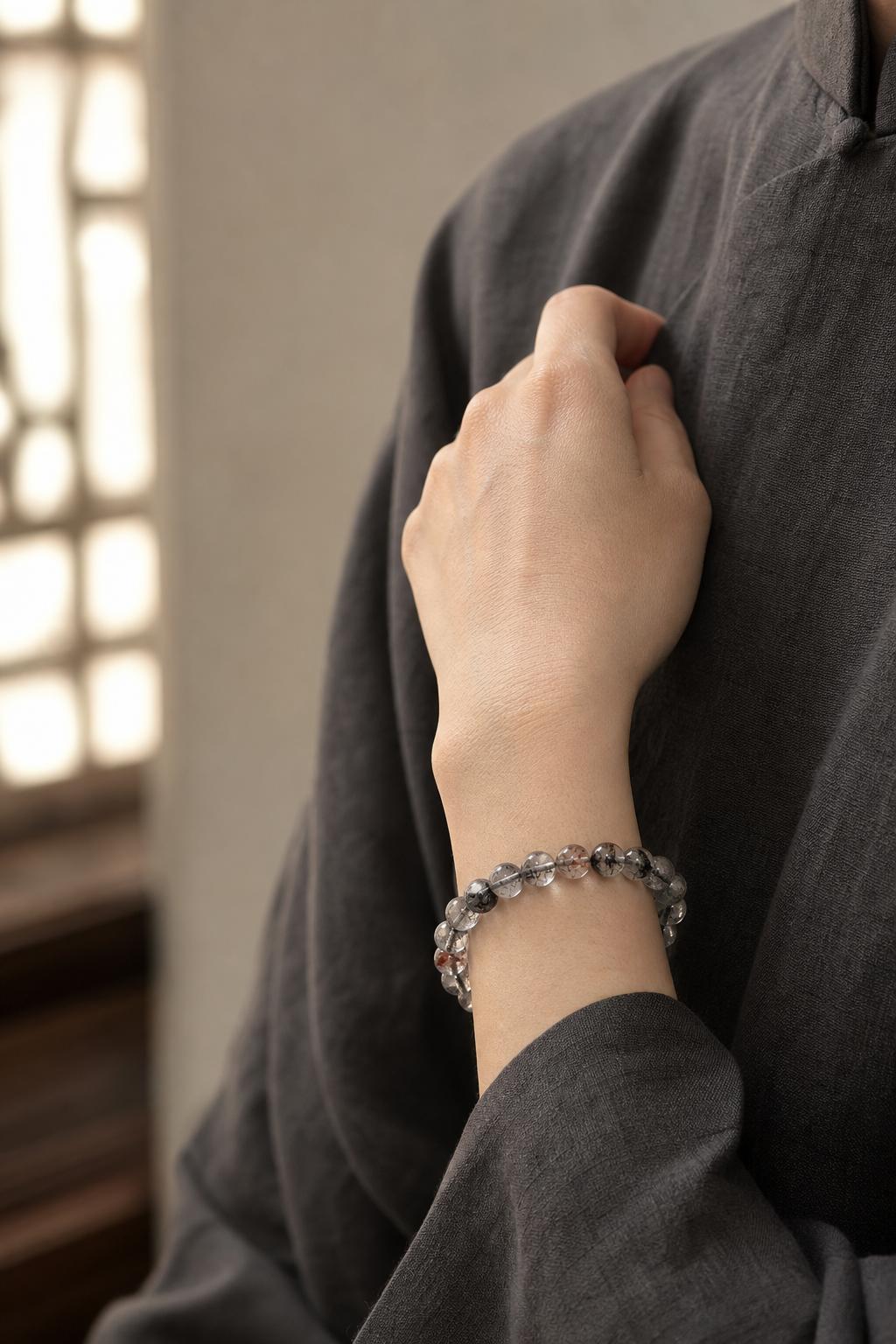 Black Tourmalinated Quartz Crystal Bracelet — detail view 6
