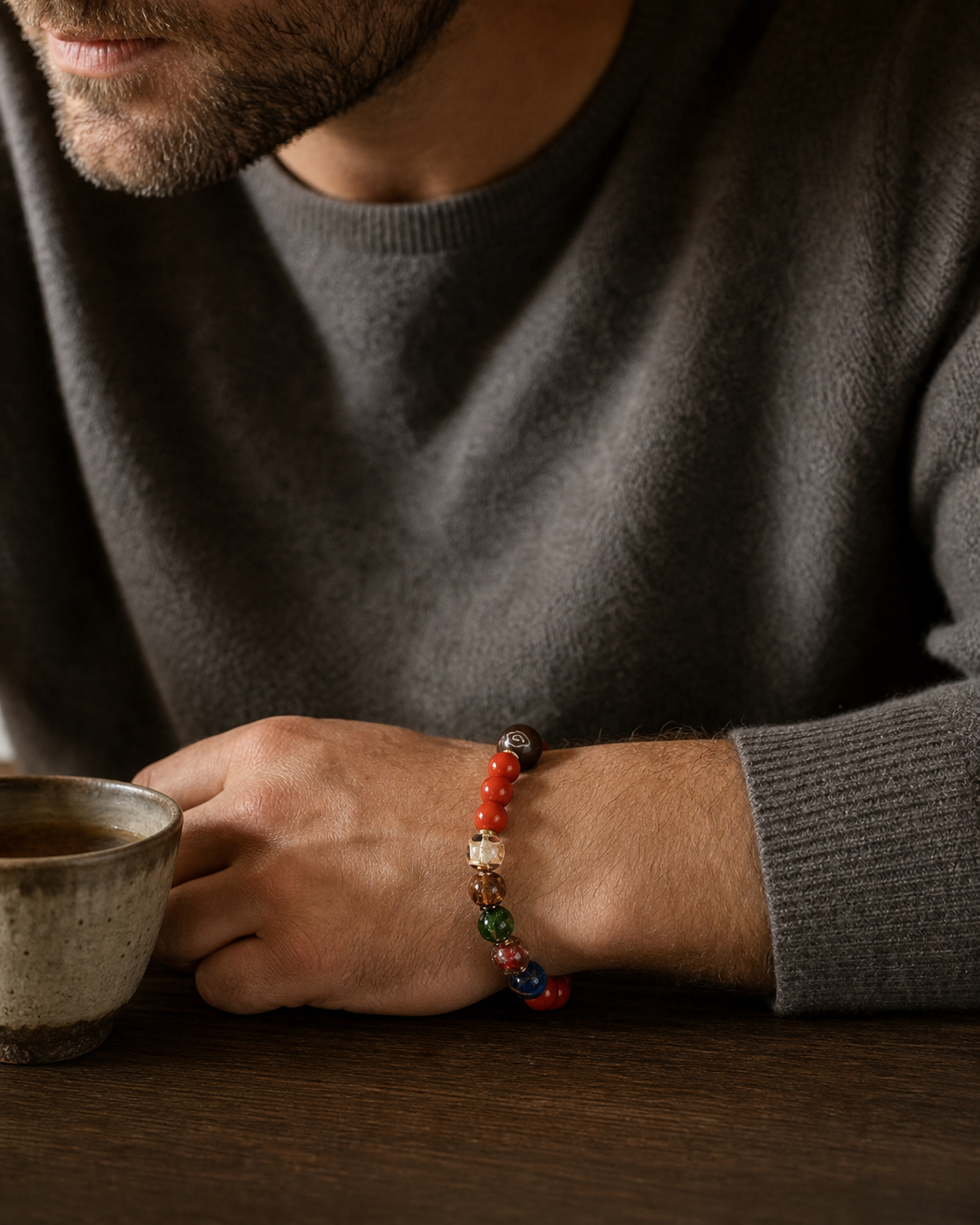 Five-way God of Wealth Cinnabar Bracelet with Colored Glass — detail view 5