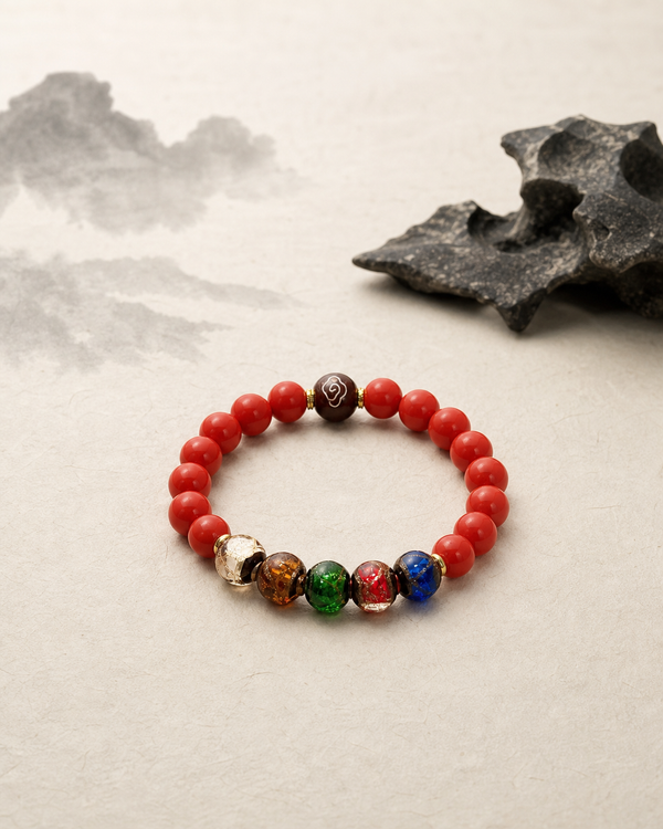 Five-way God of Wealth Cinnabar Bracelet with Colored Glass