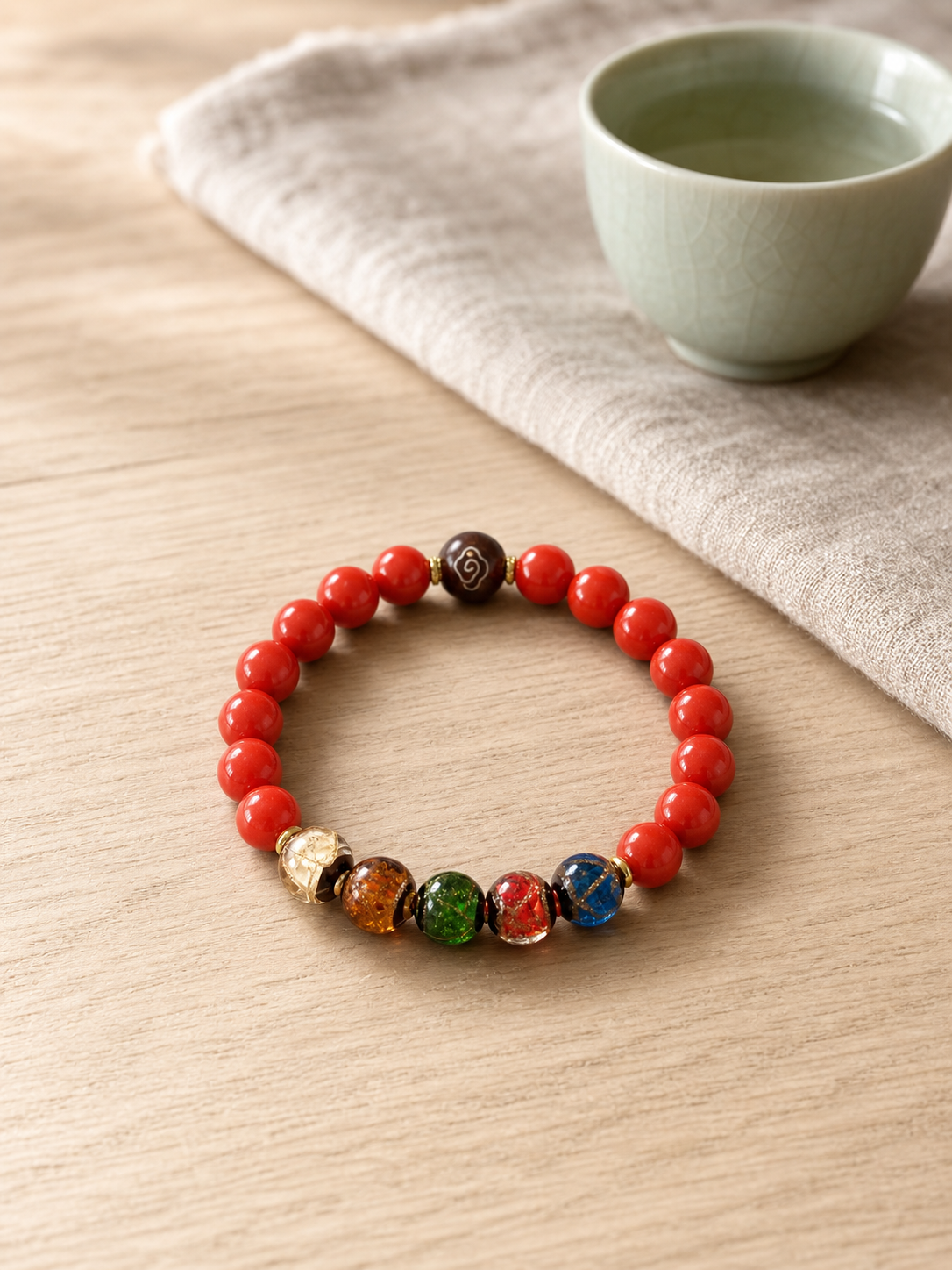 Five-way God of Wealth Cinnabar Bracelet with Colored Glass — detail view 2
