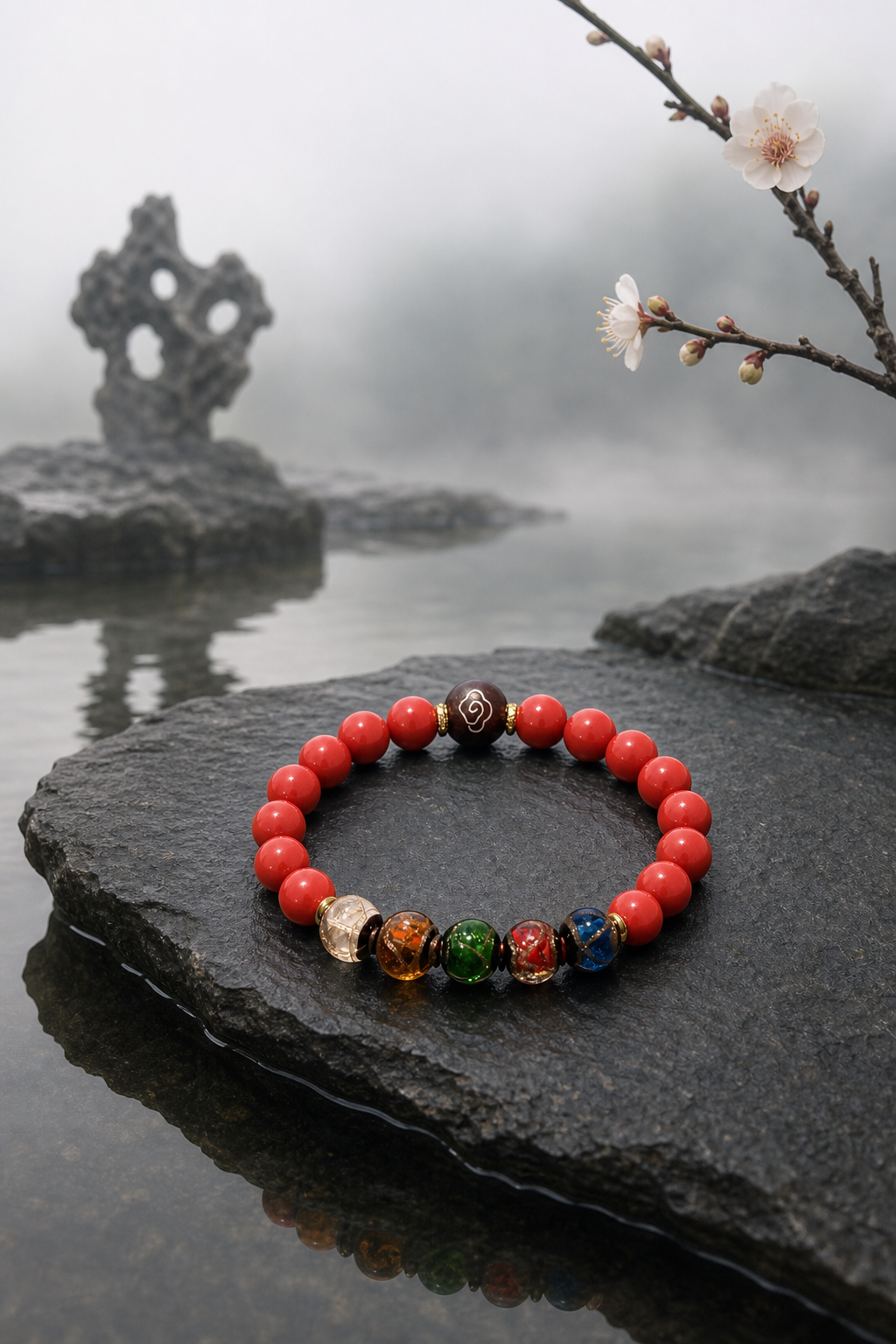 Five-way God of Wealth Cinnabar Bracelet with Colored Glass — detail view 3