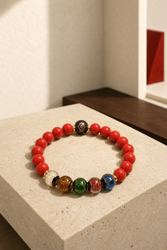 Five-way God of Wealth Cinnabar Bracelet with Colored Glass — detail view 4