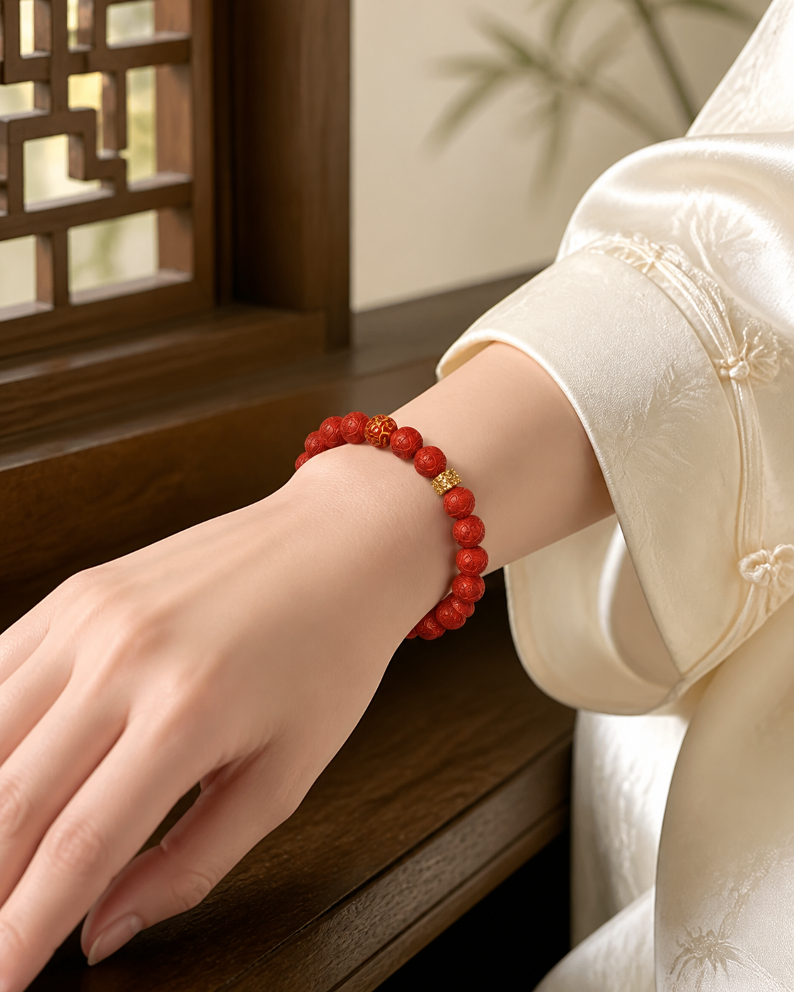 Hundred Blessings Cinnabar Bracelet — detail view 3