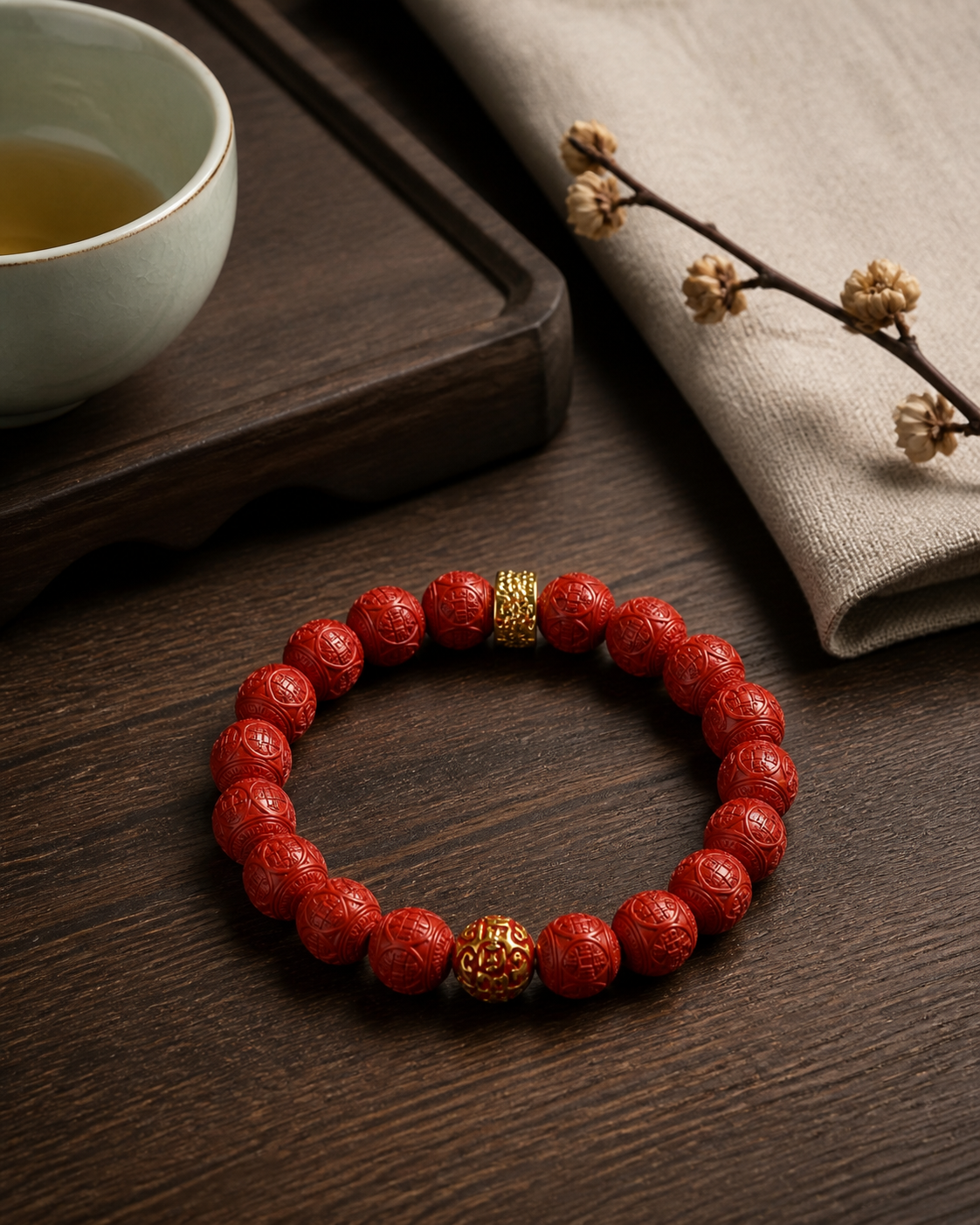Hundred Blessings Cinnabar Bracelet — detail view 4