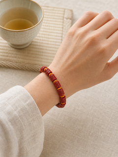 Purple Cinnabar Barrel Bead Bracelet with Six-Syllable Mantra — detail view 5