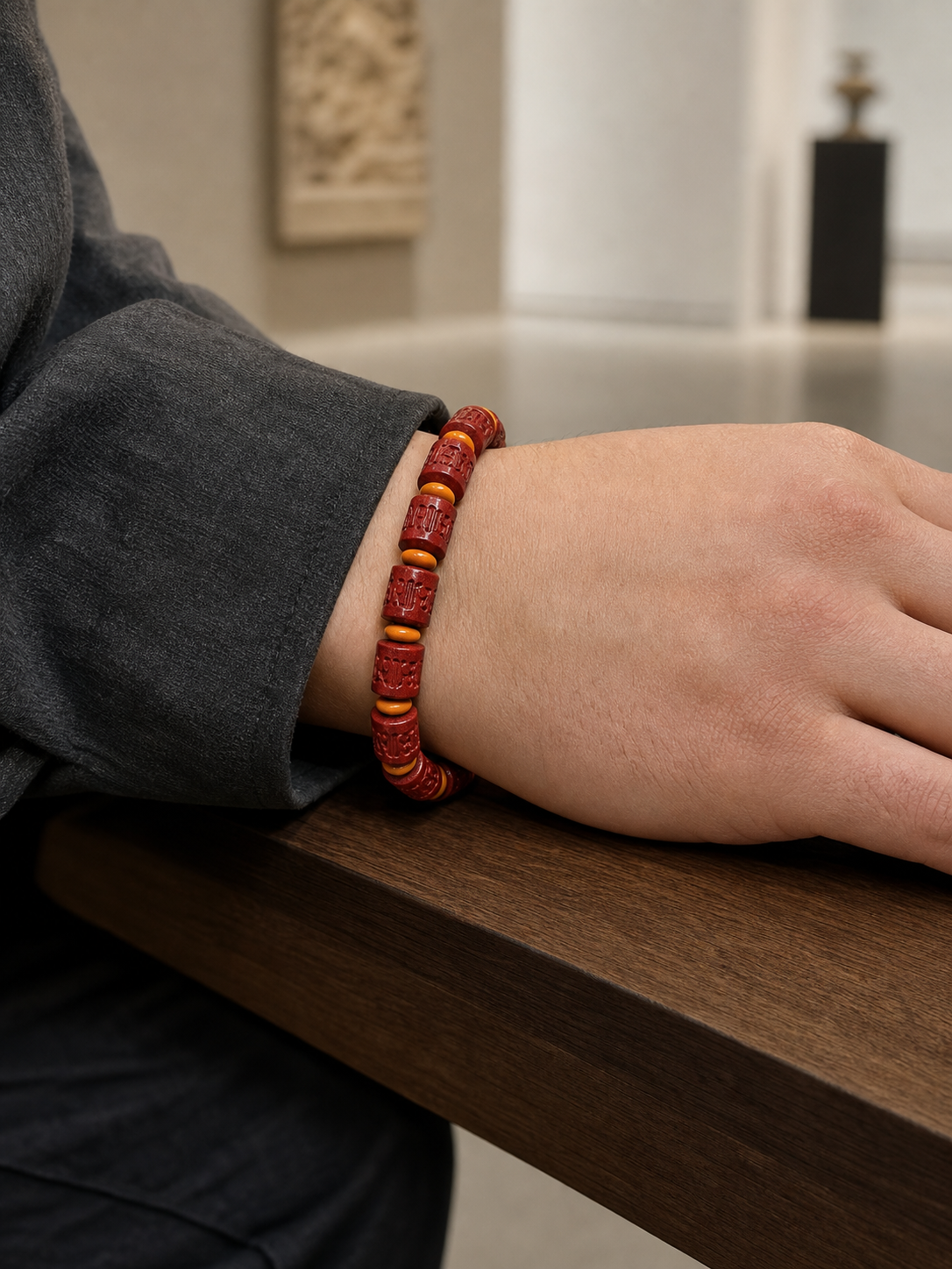 Purple Cinnabar Barrel Bead Bracelet with Six-Syllable Mantra — detail view 6