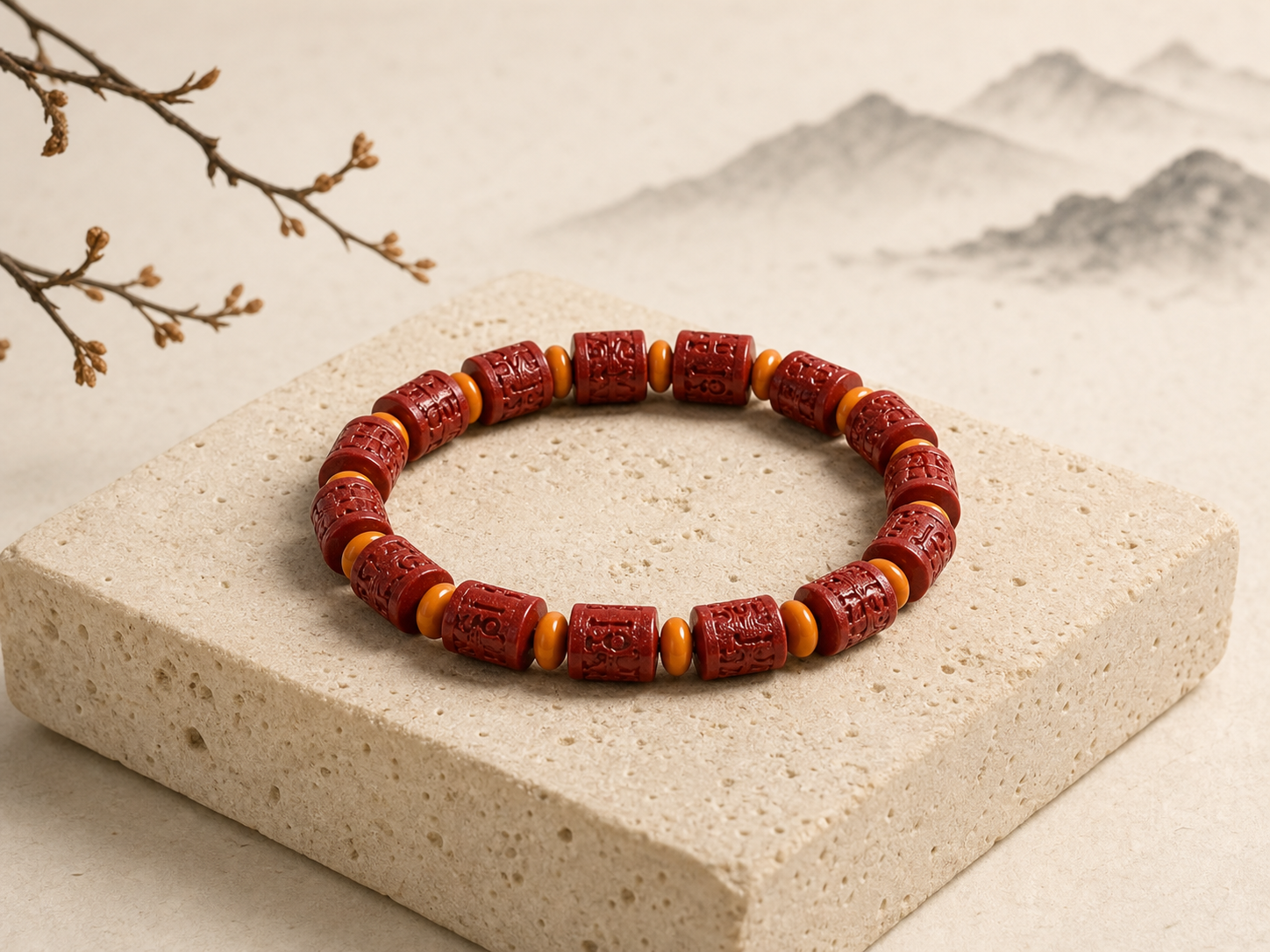 Purple Cinnabar Barrel Bead Bracelet with Six-Syllable Mantra — product view