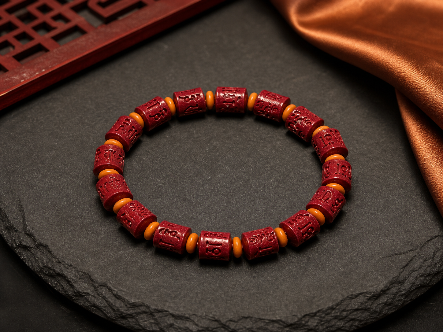 Purple Cinnabar Barrel Bead Bracelet with Six-Syllable Mantra — detail view 2