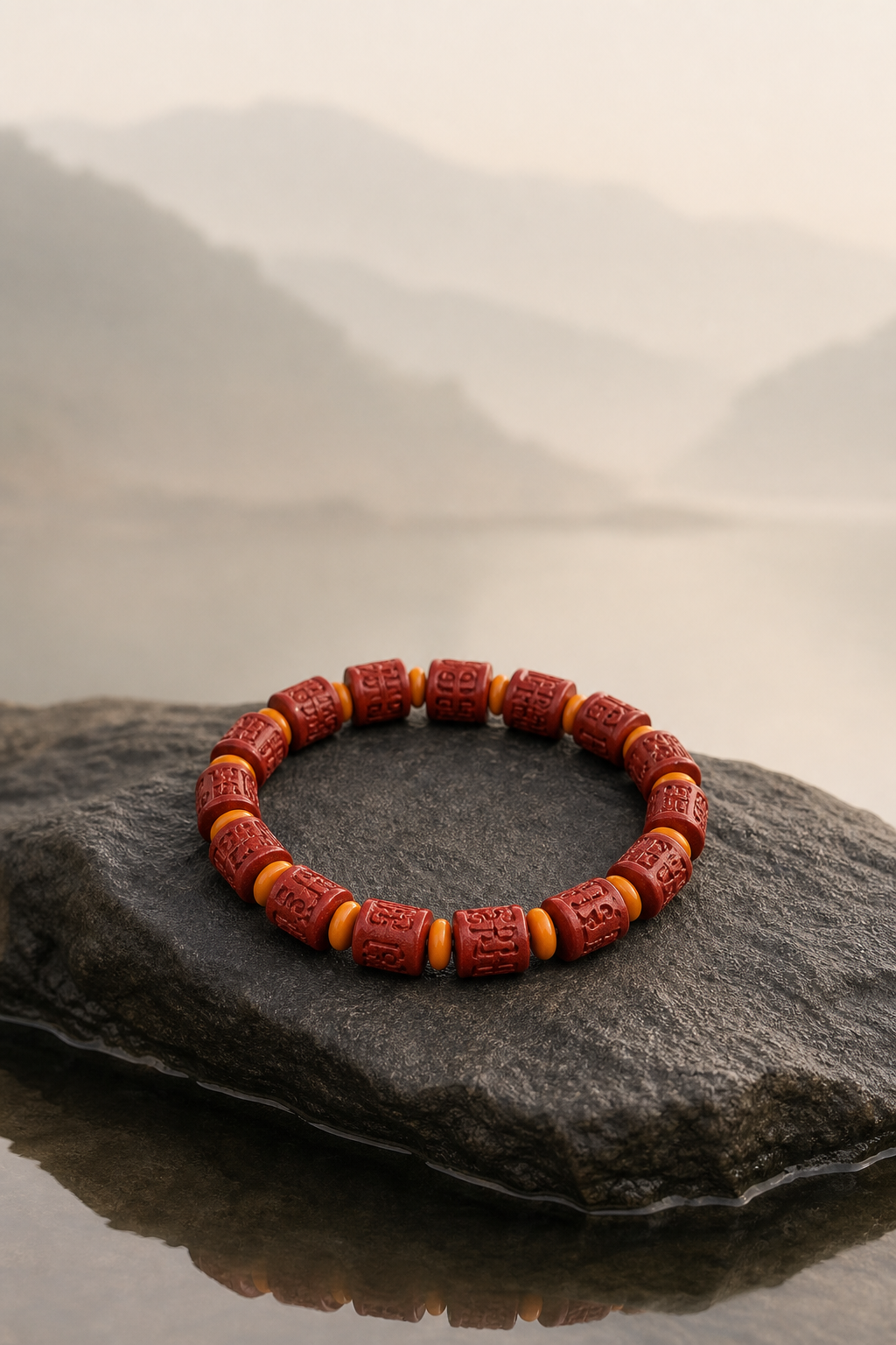 Purple Cinnabar Barrel Bead Bracelet with Six-Syllable Mantra — detail view 3