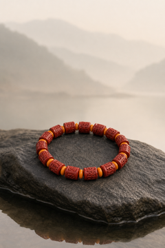 Purple Cinnabar Barrel Bead Bracelet with Six-Syllable Mantra — detail view 3