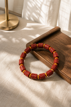 Purple Cinnabar Barrel Bead Bracelet with Six-Syllable Mantra — detail view 4