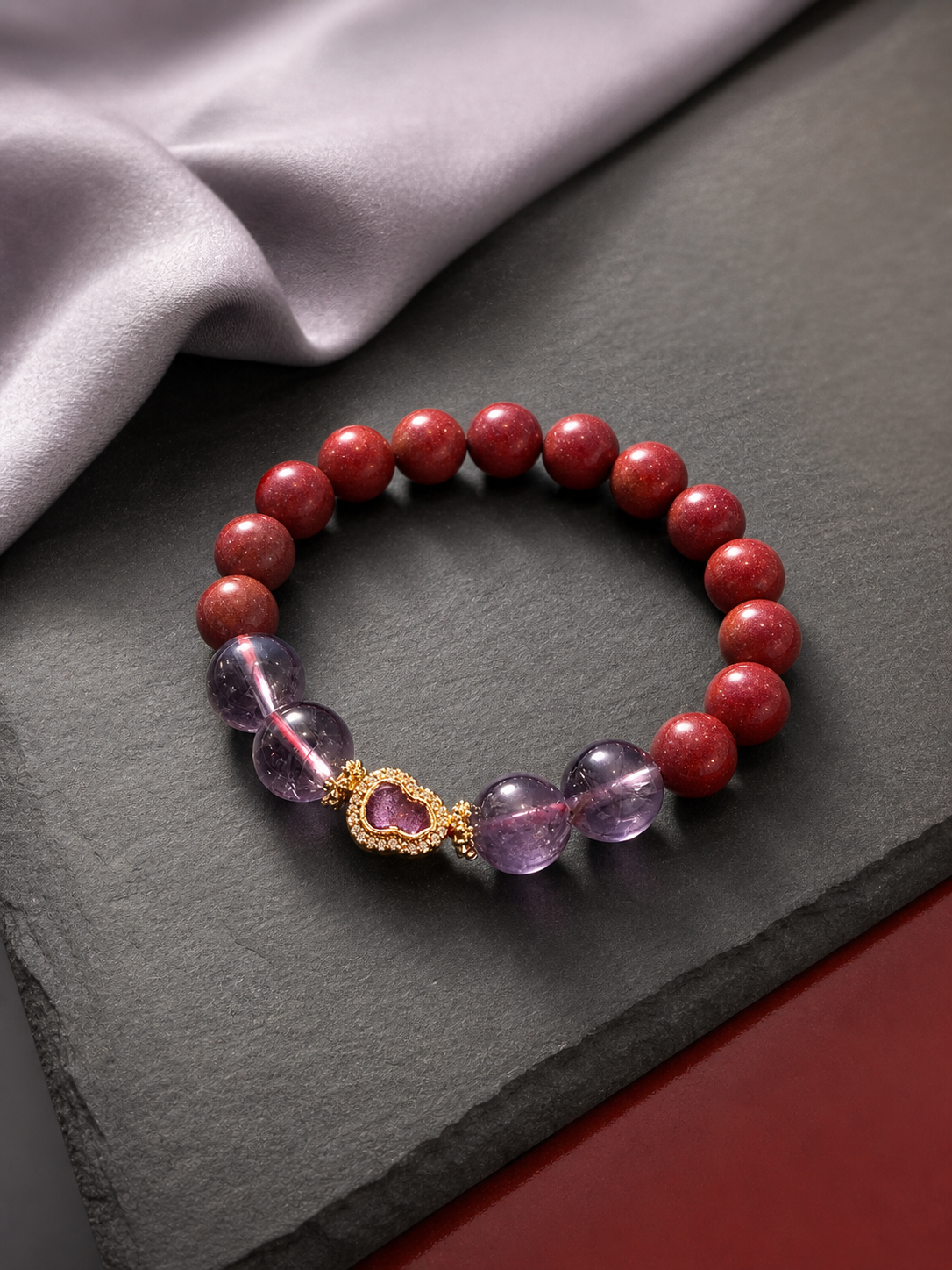 Purple Cinnabar Bracelet with Amethyst — detail view 3