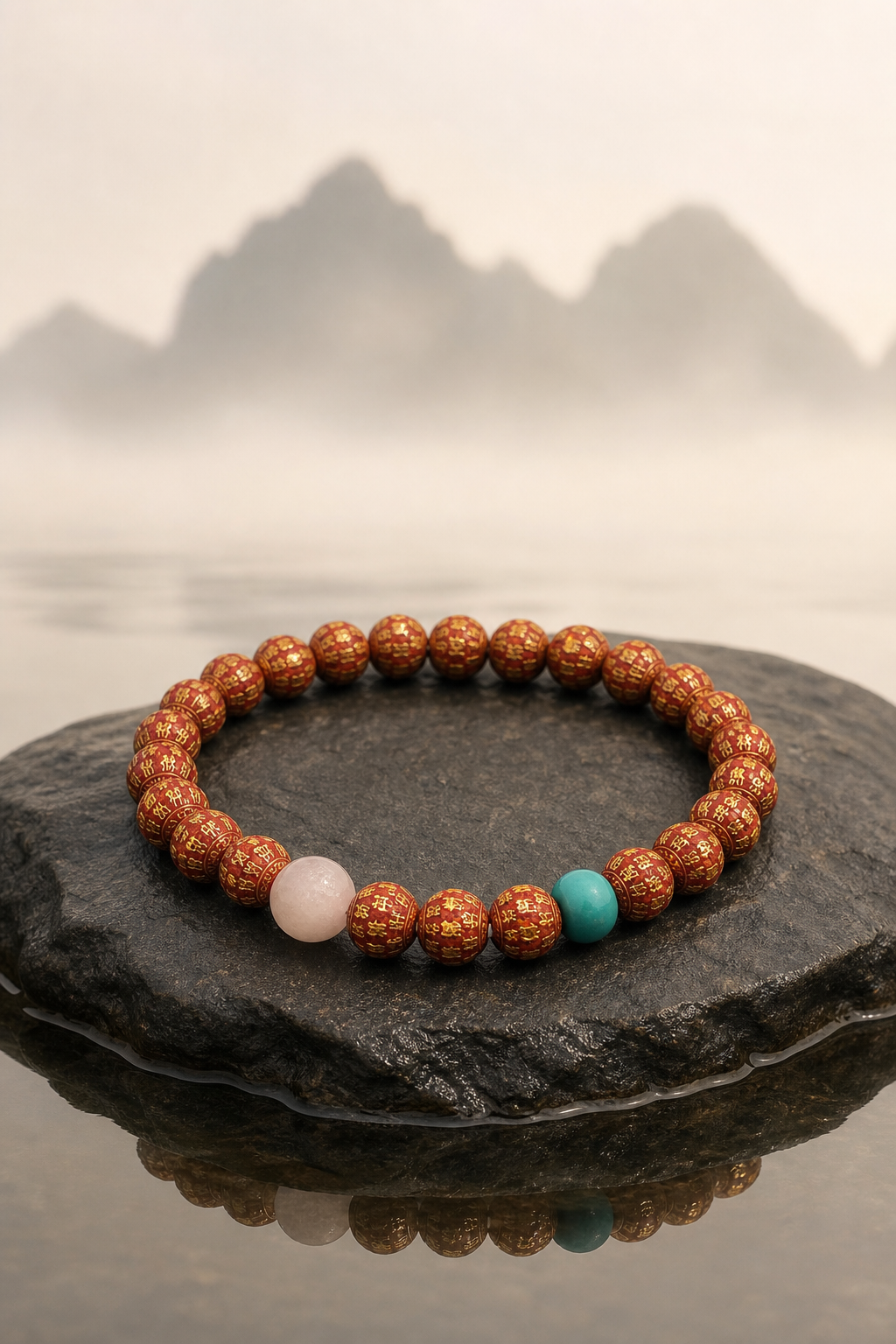 Purple Cinnabar Bracelet with Gilded Scripture, Rose Quartz — detail view 3