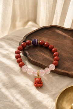 Purple Cinnabar Bracelet with Lucky Cat Pendant, Rose Quartz — product view