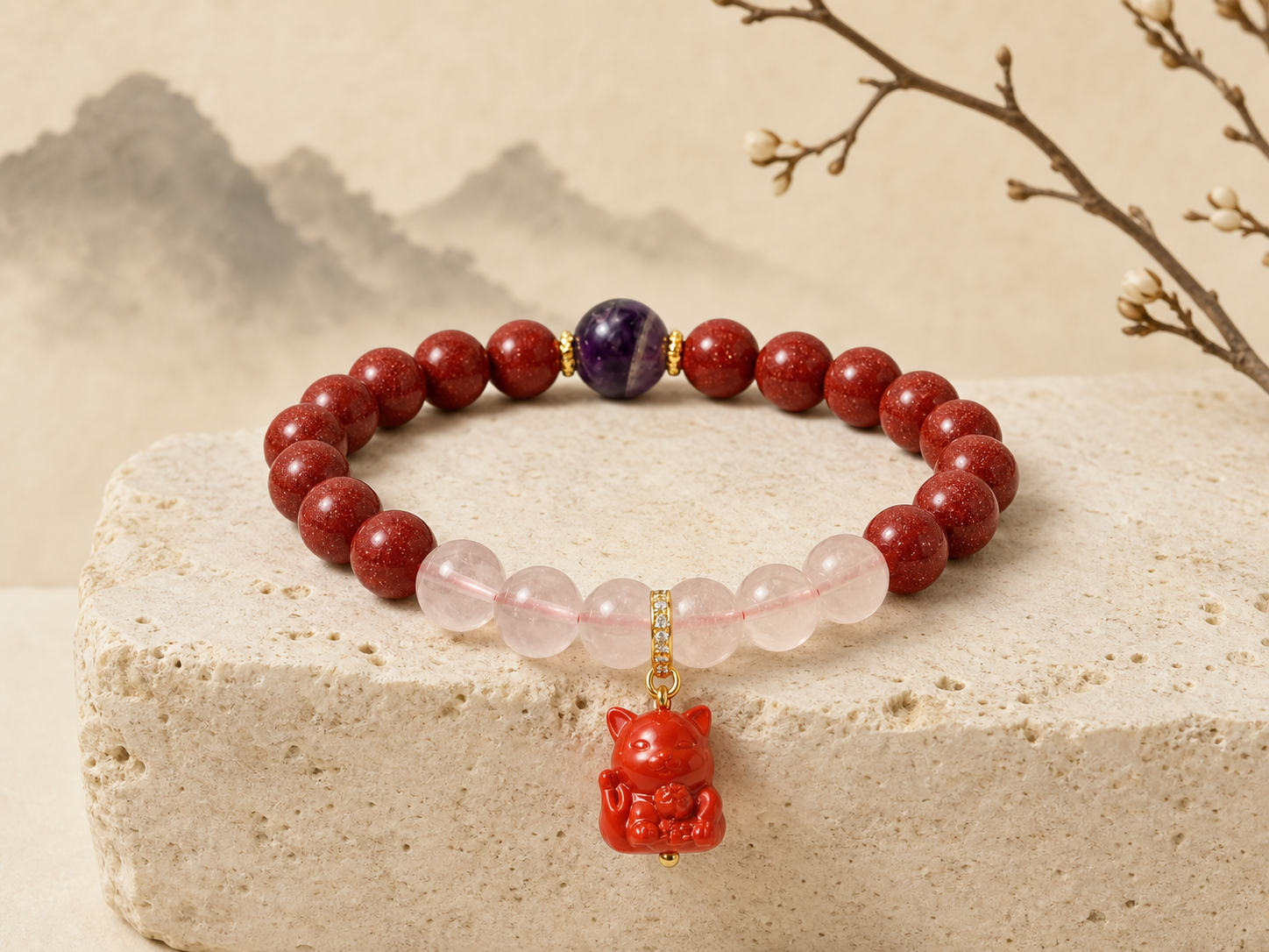 Purple Cinnabar Bracelet with Lucky Cat Pendant, Rose Quartz — detail view 2