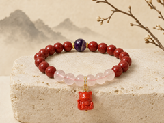 Purple Cinnabar Bracelet with Lucky Cat Pendant, Rose Quartz — detail view 2
