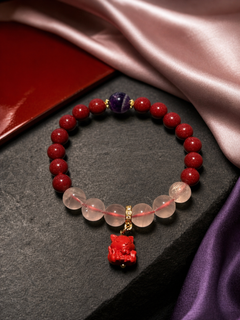 Purple Cinnabar Bracelet with Lucky Cat Pendant, Rose Quartz — detail view 3