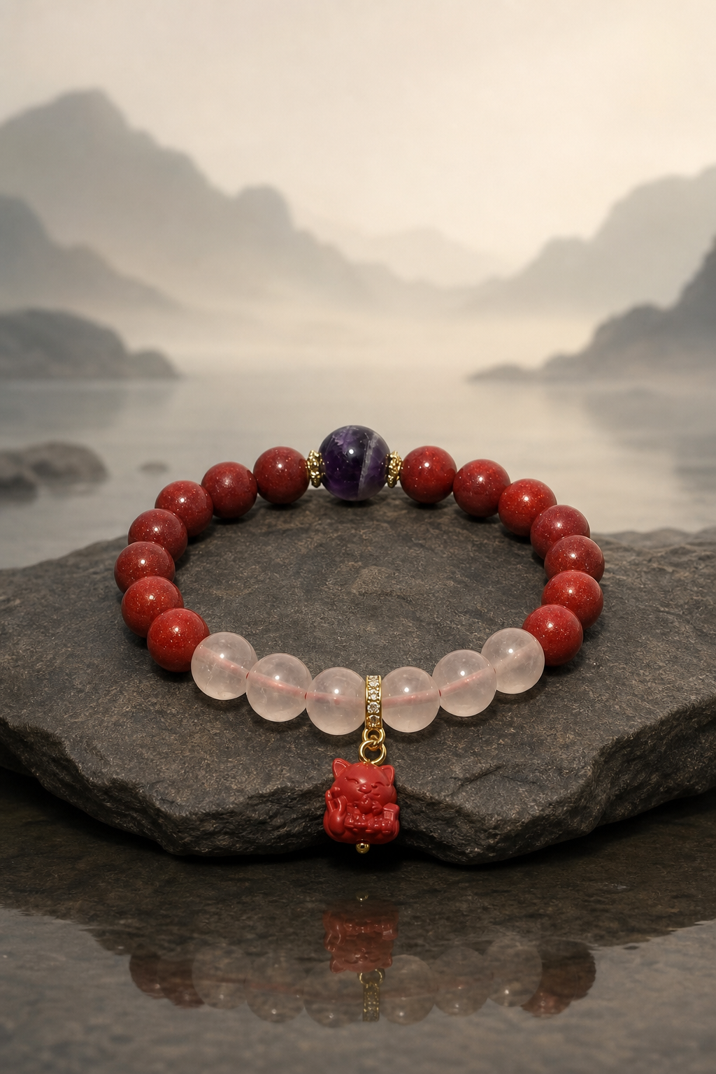 Purple Cinnabar Bracelet with Lucky Cat Pendant, Rose Quartz — detail view 4