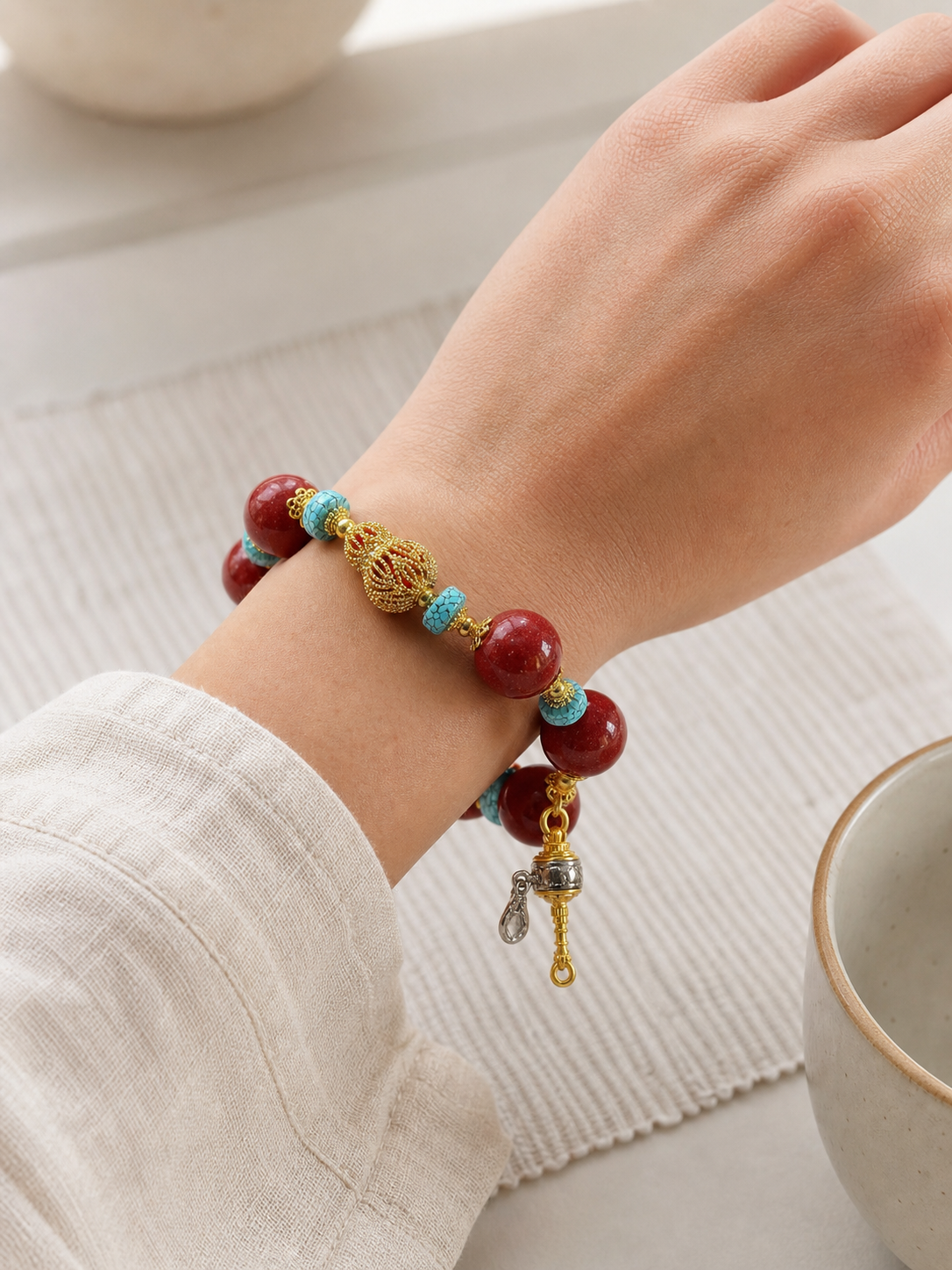 Tibetan Style Purple Cinnabar Bracelet with Turquoise — detail view 5