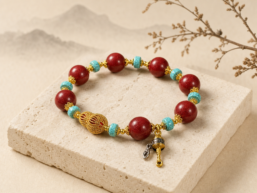 Bracelet en cinabre violet de style tibétain avec turquoise