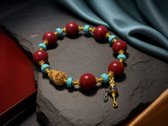 Tibetan Style Purple Cinnabar Bracelet with Turquoise — detail view 2