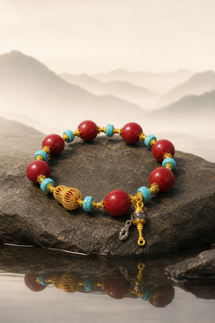 Tibetan Style Purple Cinnabar Bracelet with Turquoise — detail view 3