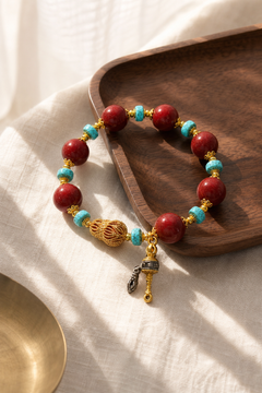 Tibetan Style Purple Cinnabar Bracelet with Turquoise — detail view 4