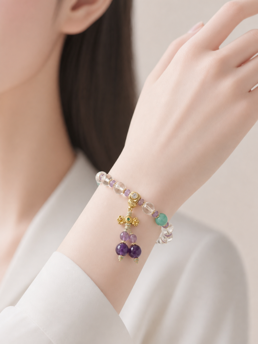 White Crystal & Amethyst Bracelet — detail view 6